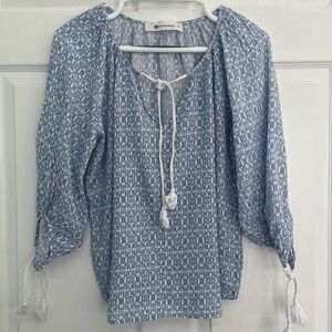 The Impeccable Pig Blue & White Tassles Boho Lightweight Womens Blouse Shirt Top